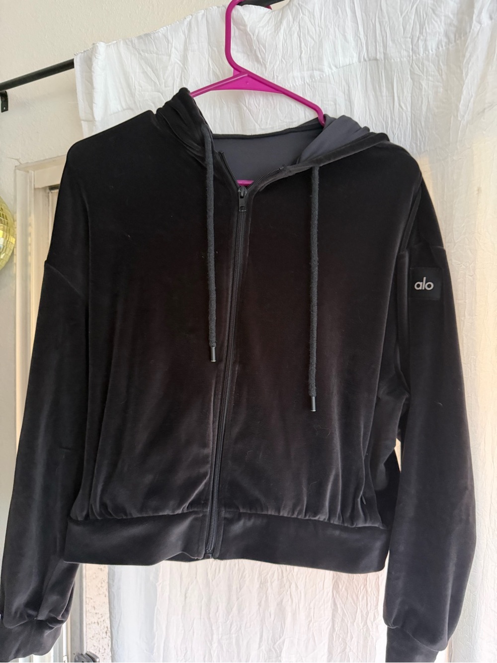 ALO Yoga Black Velvet Zip-Up Hoodie Jacket